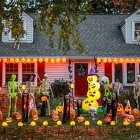 Suburban Home Halloween Decor with Pumpkins & Lights