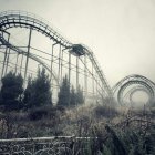 Abandoned roller coaster covered in vegetation in foggy landscape