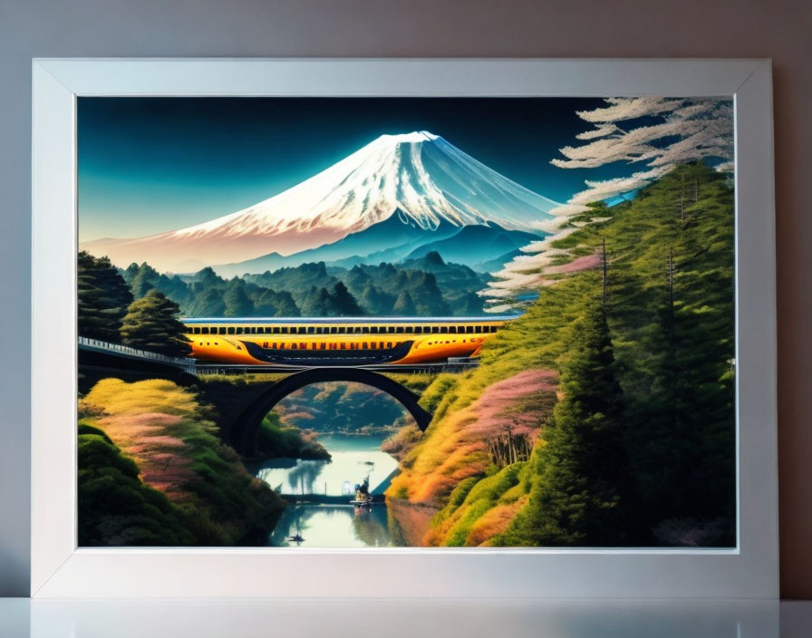 Scenic Mount Fuji landscape with train, boat, and cherry blossoms