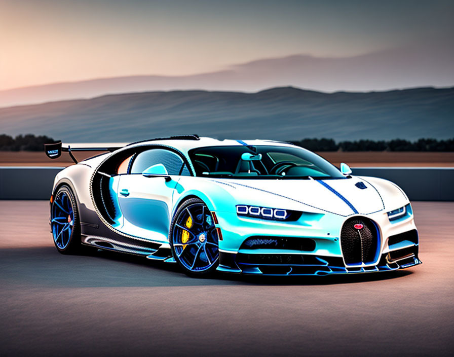 Blue and White Bugatti Chiron with Black Rear Wing on Open Road at Dusk