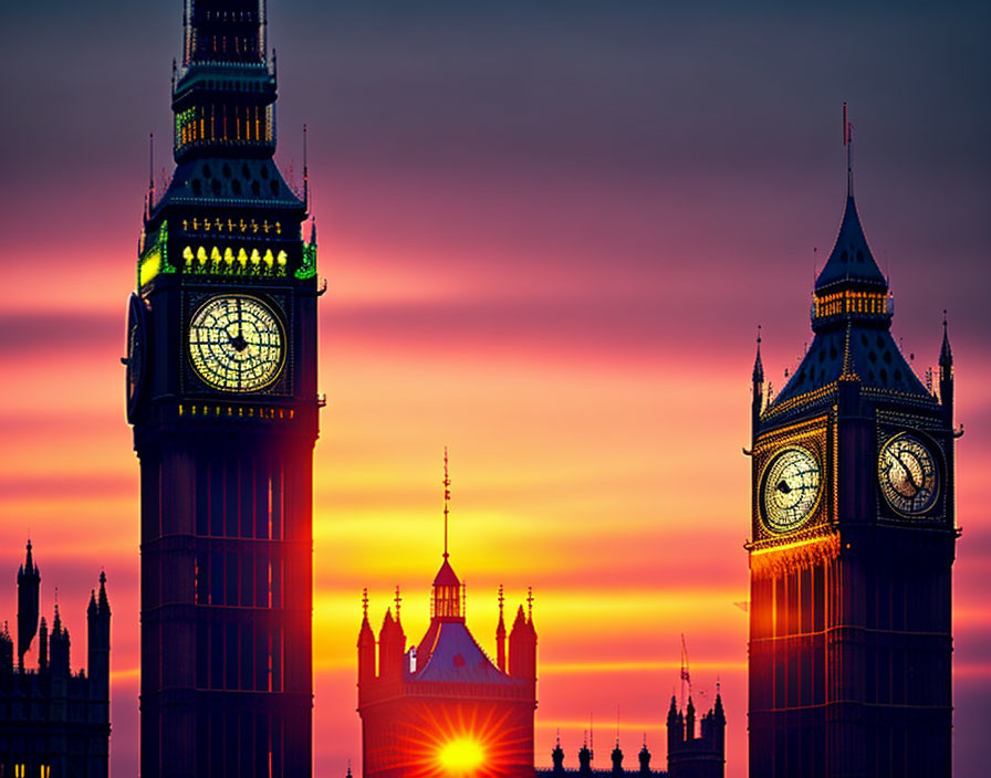 Iconic Elizabeth Tower at sunset with orange and purple sky