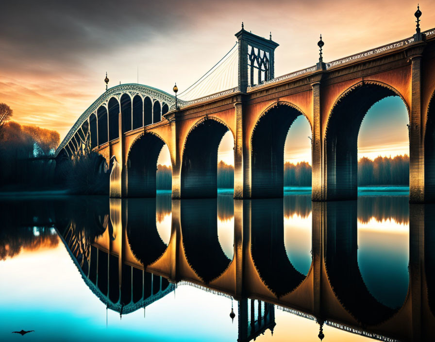 Majestic arched bridge over serene river at sunrise