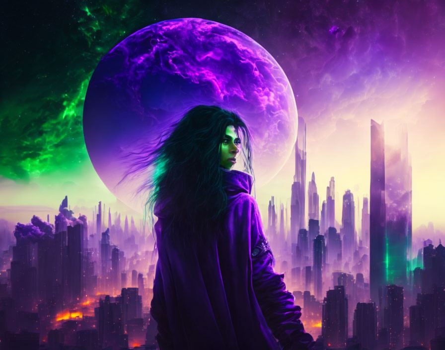 Mystical figure in purple cloak before futuristic cityscape with celestial bodies