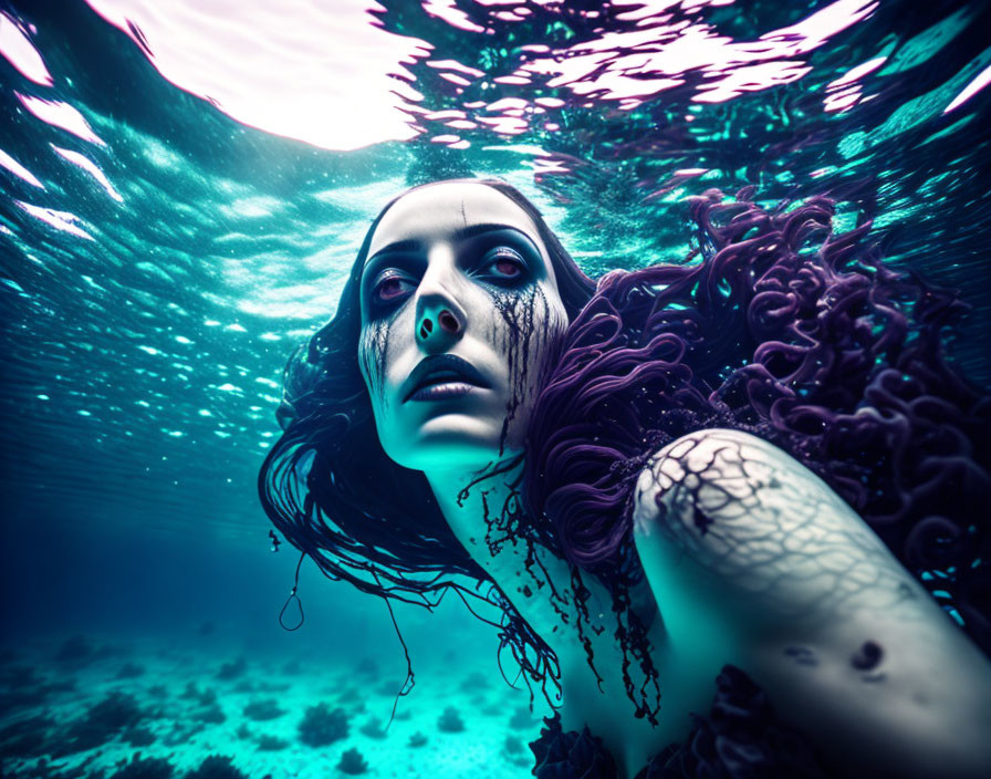 Ethereal woman with purple curly hair underwater