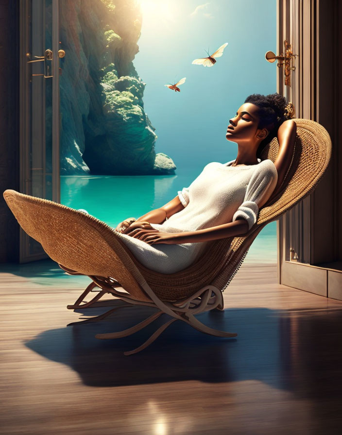 Person in wicker rocking chair by open door overlooking serene sea cove with fluttering butterflies.