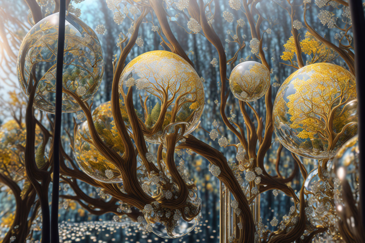 Golden tree reflected in spherical glass objects in surreal forest