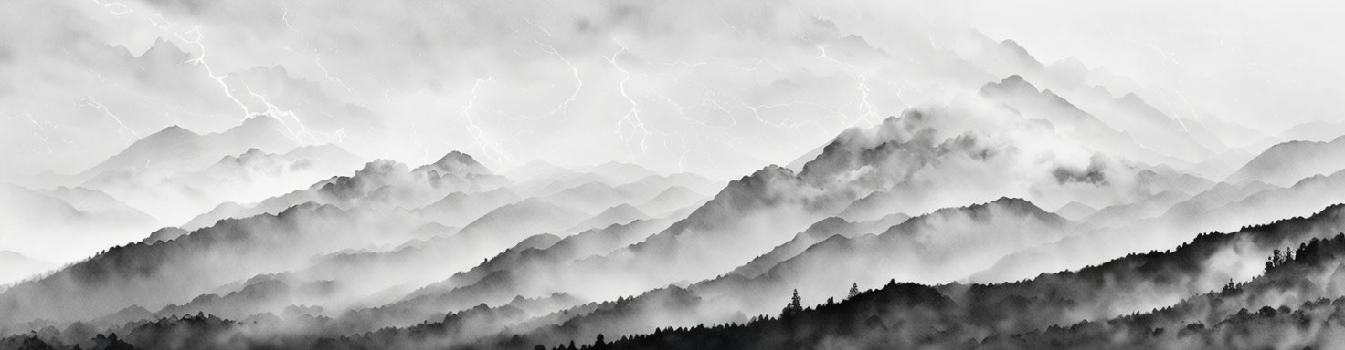 Panoramic monochrome mountain landscape with mist and patterned sky