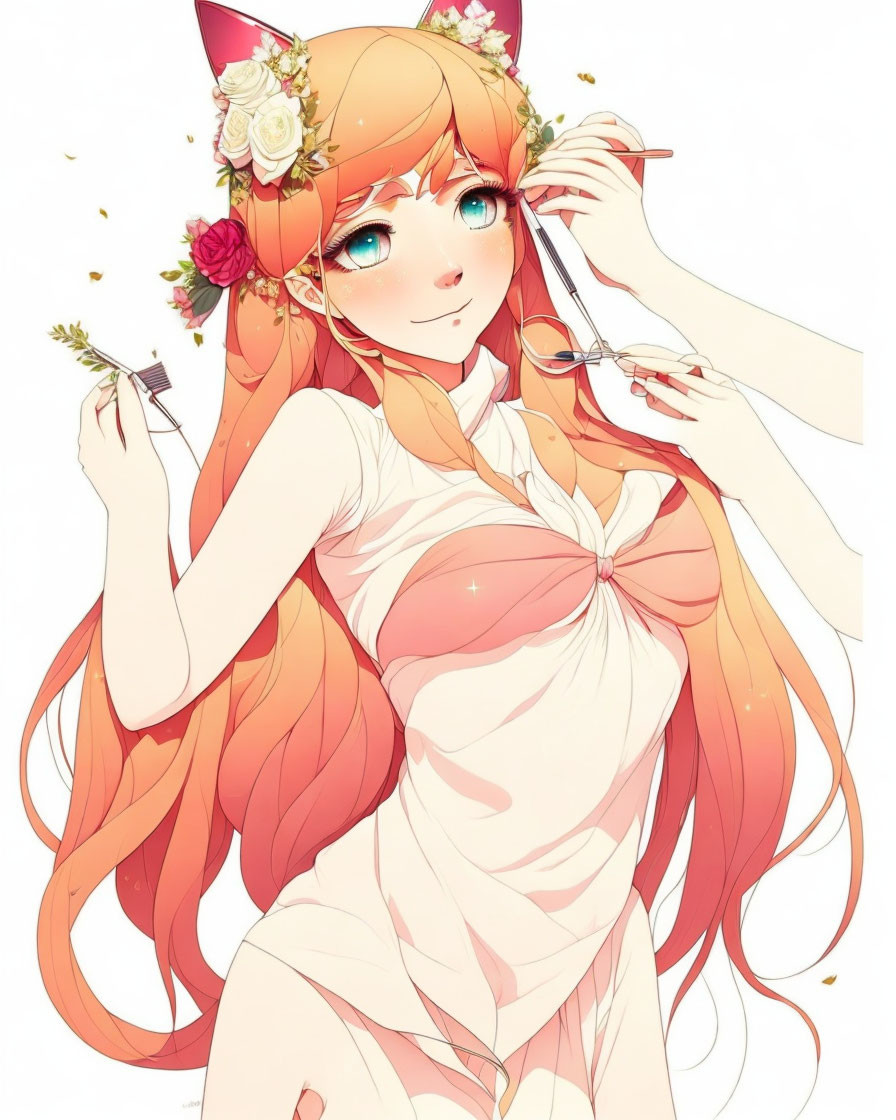 Illustration of girl with long orange hair, cat ears, flowers, white and orange dress