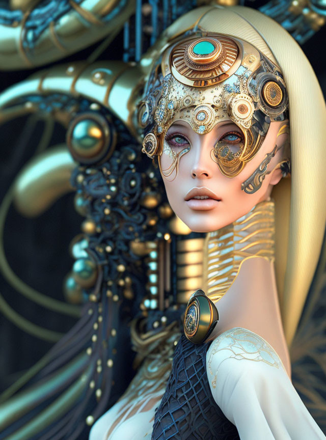 Detailed futuristic portrait of female figure with mechanical and ornate cybernetic elements