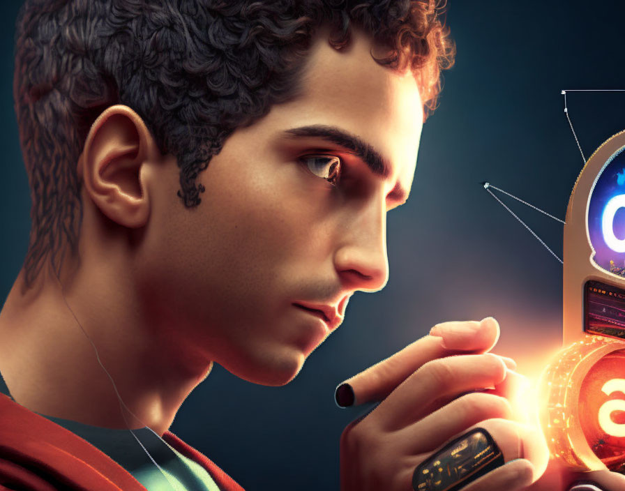 Young man with curly hair looking at futuristic light-emitting device