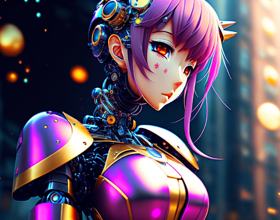 Purple-haired female anime character in futuristic cybernetic armor - vibrant illustration.