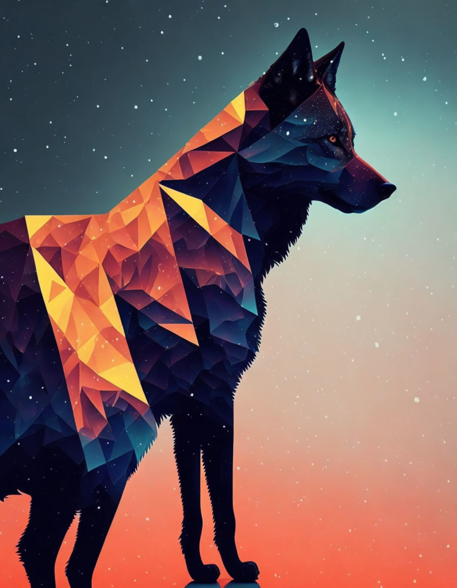 Colorful Geometric Wolf Illustration on Night Sky Gradient