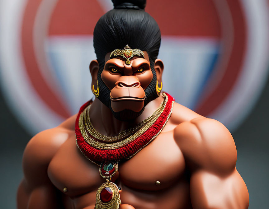 Muscular monkey-like figurine in Indian jewelry with target backdrop