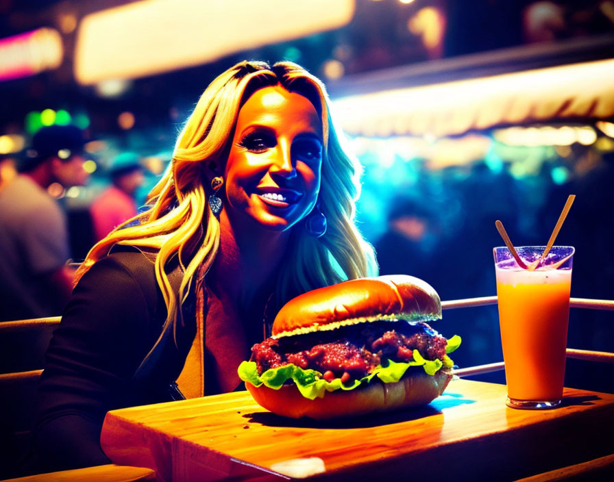 Smiling woman with burger and drink in vibrant eatery