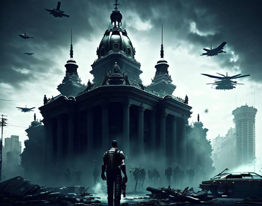 Dystopian scene with person, domed building, helicopters, and stormy sky