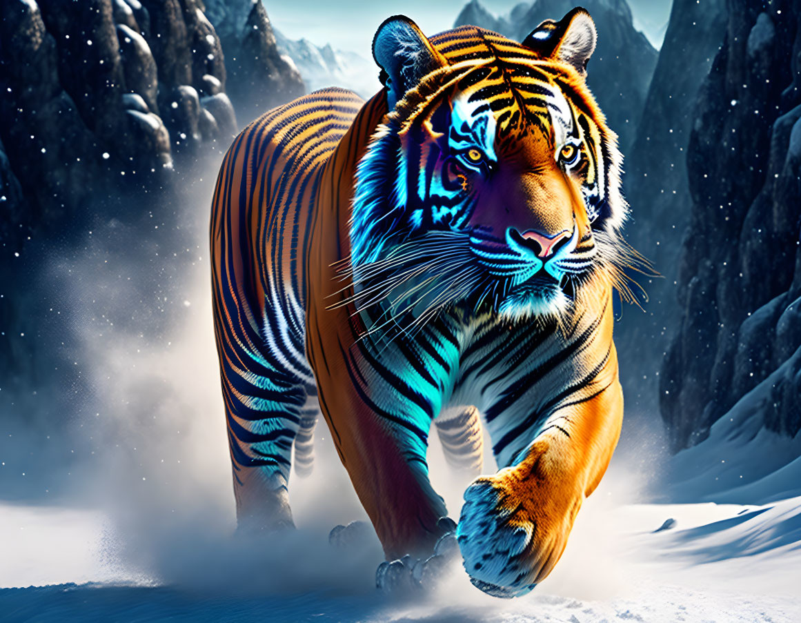 Colorful Tiger with Blue Stripes in Snowy Mountain Landscape