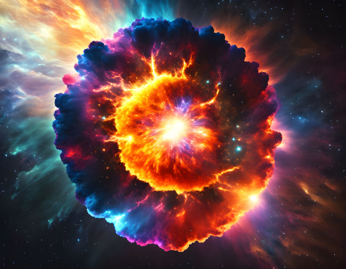 Colorful cosmic explosion with fiery orange, red, and yellow blending into cool blue and purple hues.