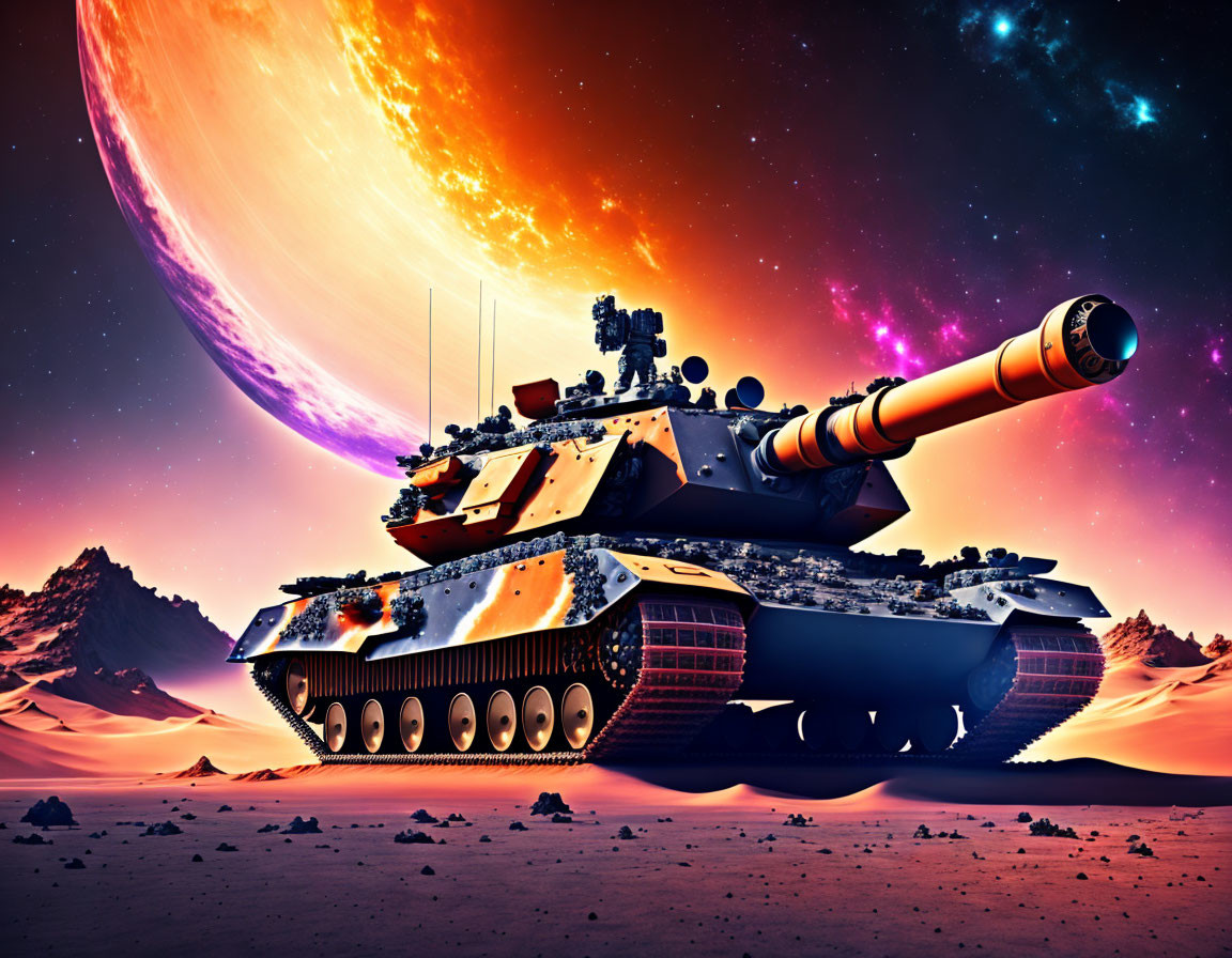 Futuristic tank on alien desert planet with giant celestial body in sky