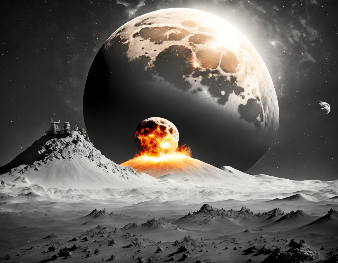 Snowy landscape with fiery asteroid impact and large moon in sky