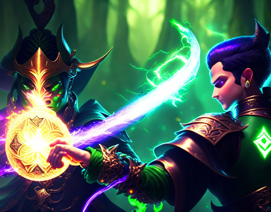 Fantasy characters in golden armor and purple hair engage in a magical duel.