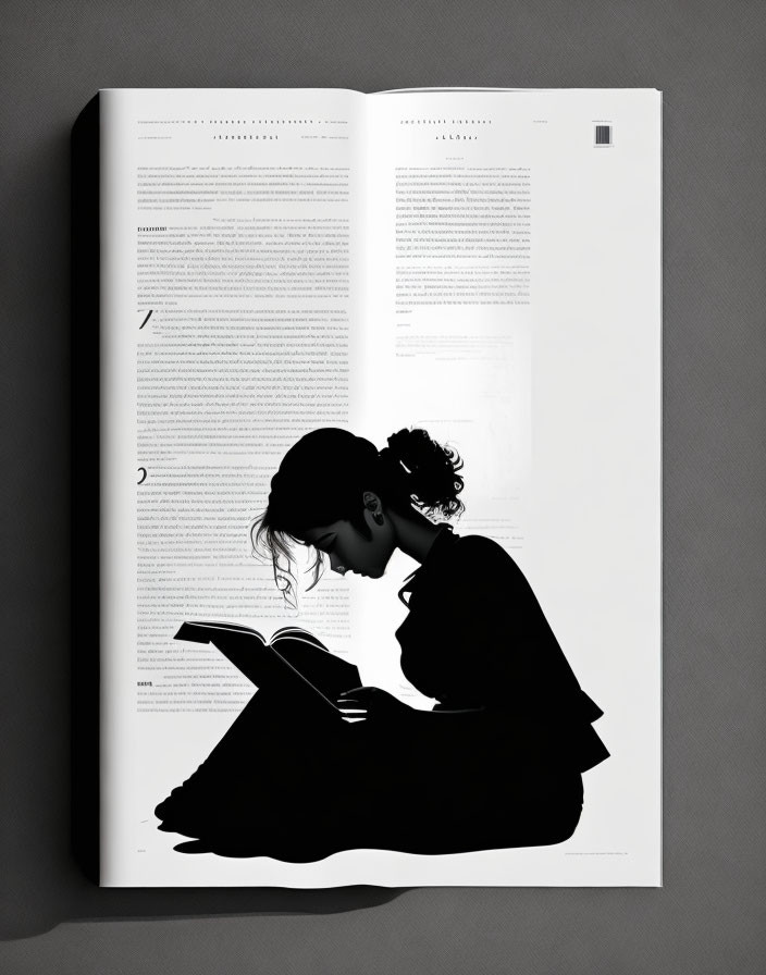 Illustration of girl's silhouette reading in open book.
