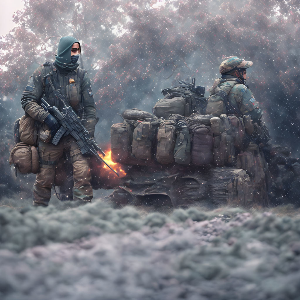 Military soldiers with rifles in camouflage gear on smoky battlefield