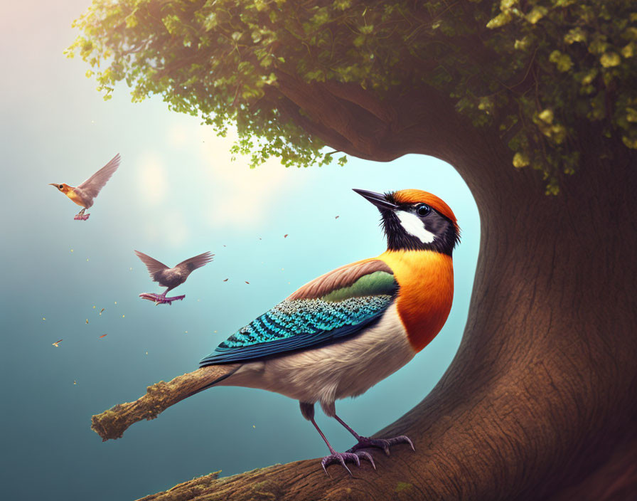 Colorful Bird Perched on Tree Branch with Flying Birds