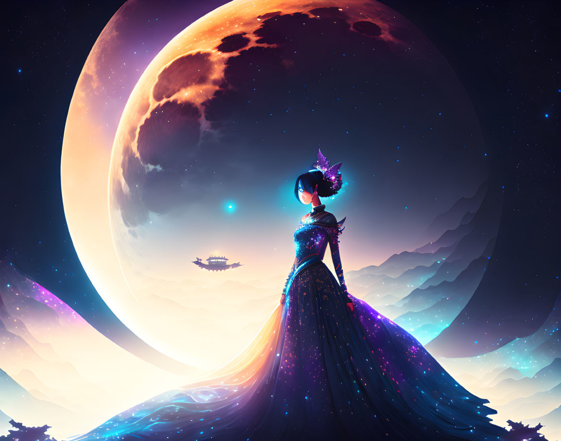 Woman in starry gown under moon with mountains and flying saucers