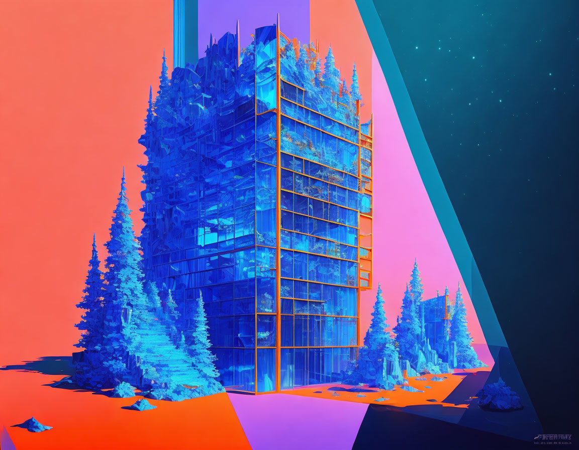 Blue futuristic building in pine forest with orange ground and teal sky.