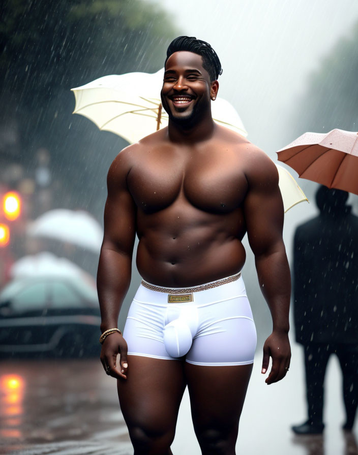 Athletic man smiling in rain with umbrella wearing white briefs