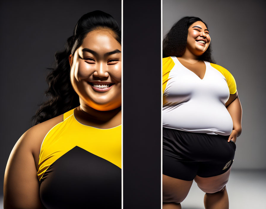 Smiling woman in yellow and black athletic outfit on grey background