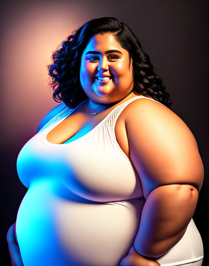 Smiling plus-size woman in white attire on colorful backdrop