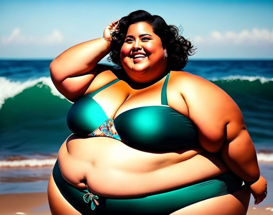 Smiling plus-size woman in two-piece swimsuit at beach with ocean waves