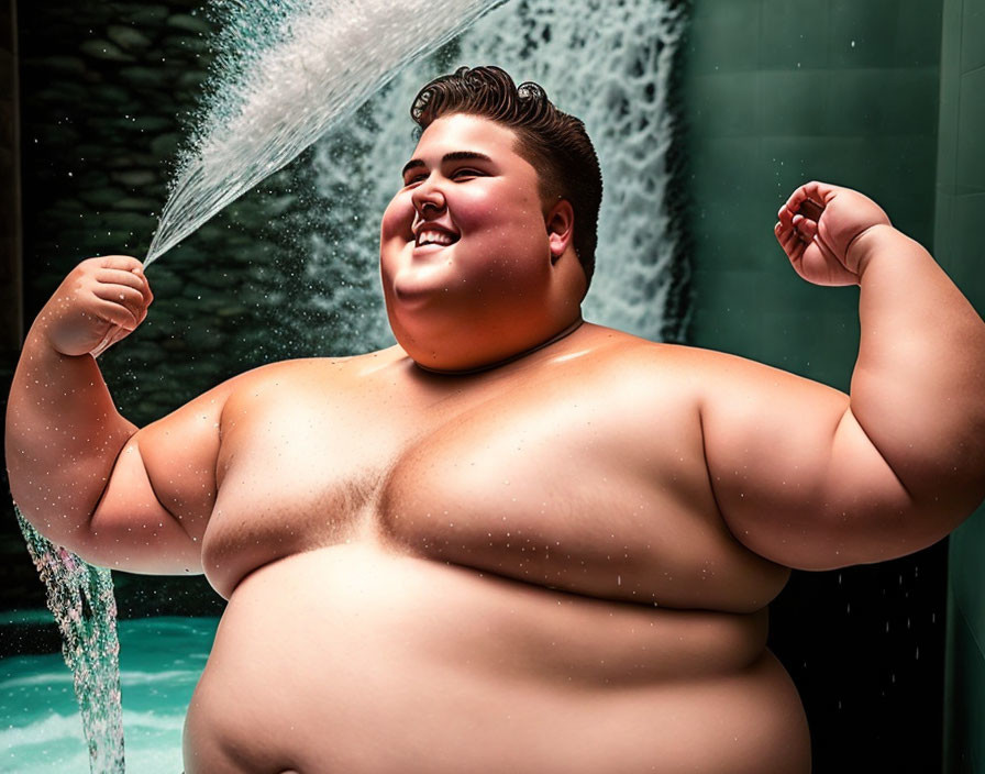 Joyful person in green-tiled shower with raised arms