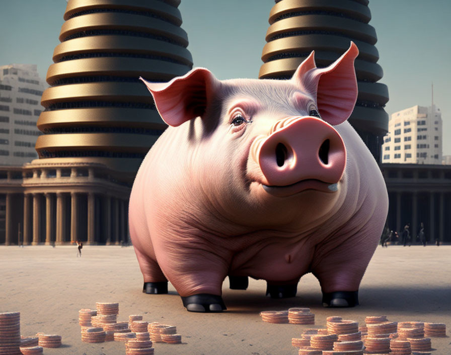 Smiling pig surrounded by coins in surreal cityscape