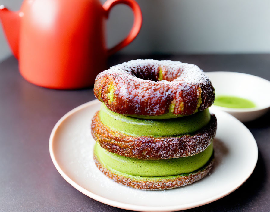 Green Tea Flavored Donuts with Icing Sugar on Plate