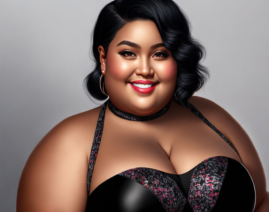 Confident plus-size woman in black and pink dress with glitter detail