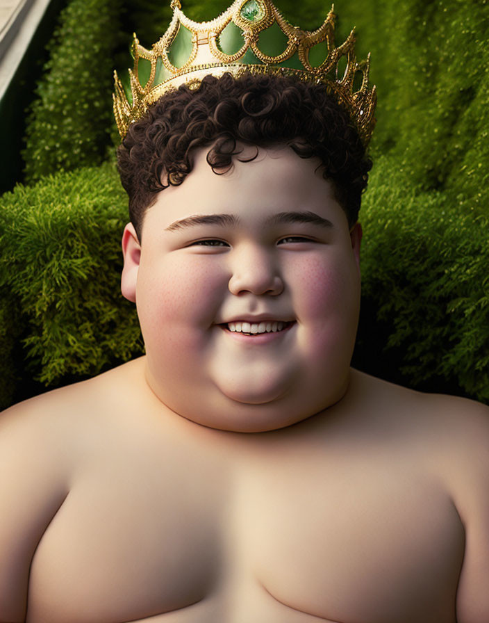 Curly-Haired Boy in Golden Crown Smiling Outdoors