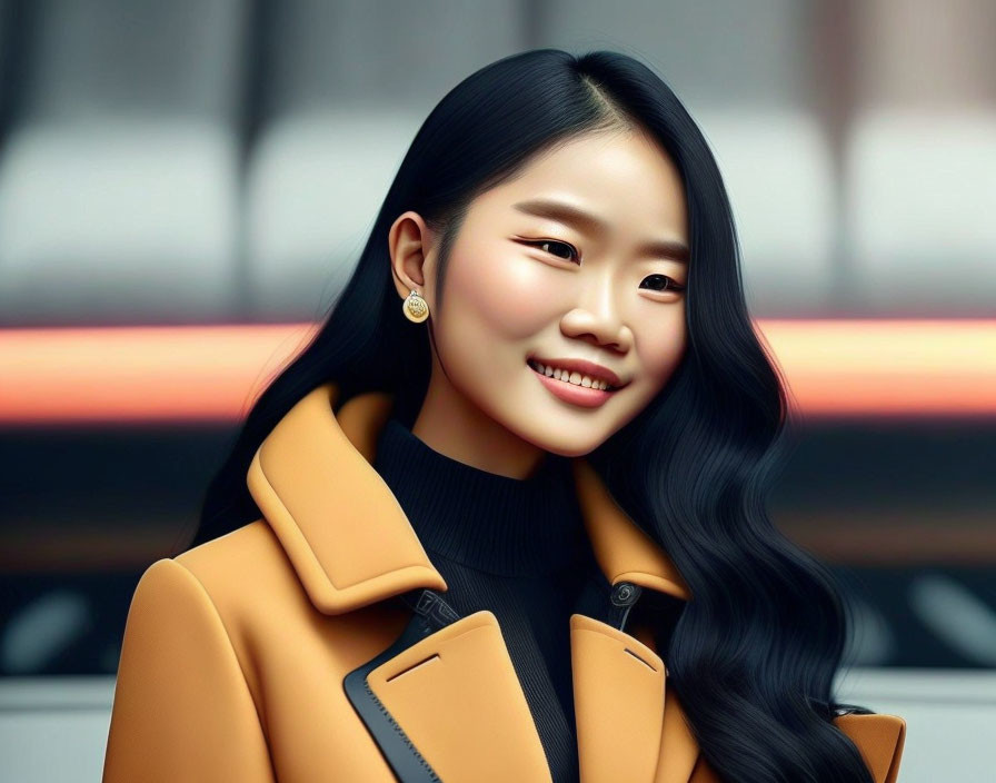 Smiling woman with black hair in yellow coat and city lights in background