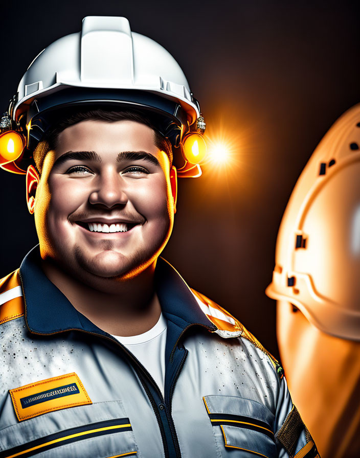 Person in Safety Vest and Helmet with Headlamps Next to Another Helmet