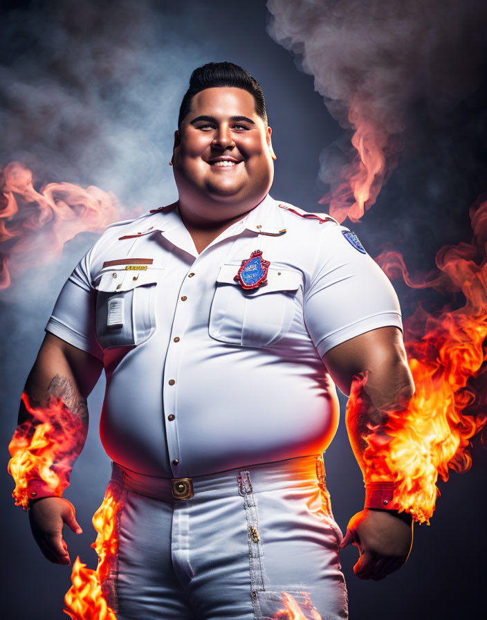 Confident person in white uniform with badges against fiery backdrop