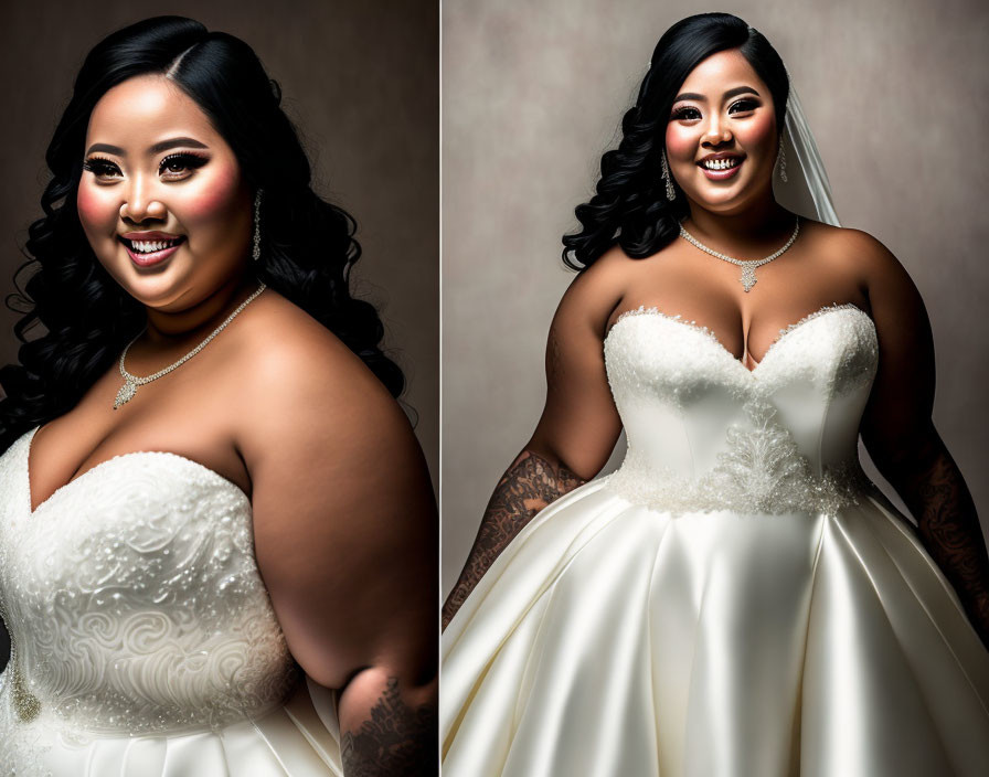 Bride in strapless white wedding dress with sweetheart neckline and beaded details smiling joyfully