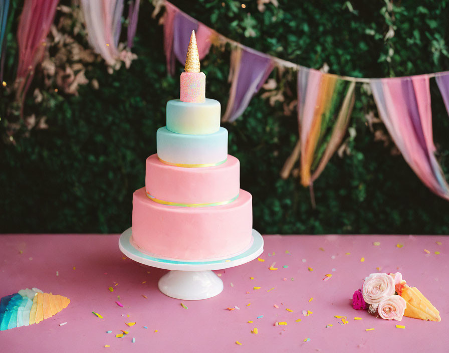 Colorful tiered cake with unicorn horn, waffle cone, flowers, and confetti on ribbon