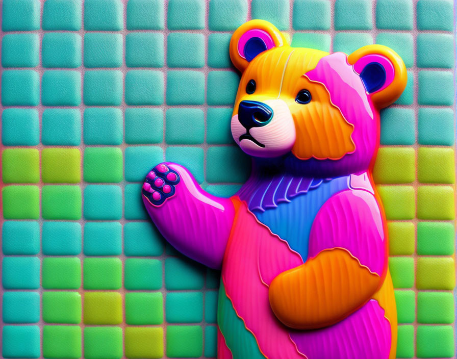 Vibrant plastic bear toy on green geometric backdrop