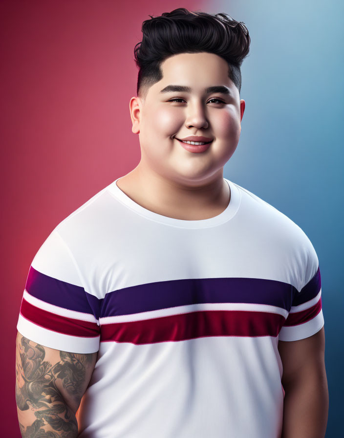 Smiling person in white t-shirt with purple stripes on red and blue gradient background