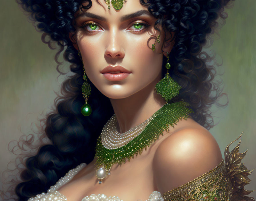 Detailed Digital Portrait of Woman with Curly Black Hair and Green Jewelry