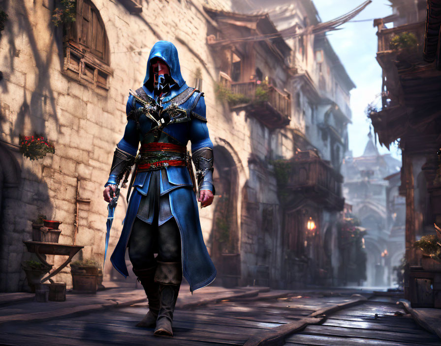 Assassin-themed character on medieval street with old buildings