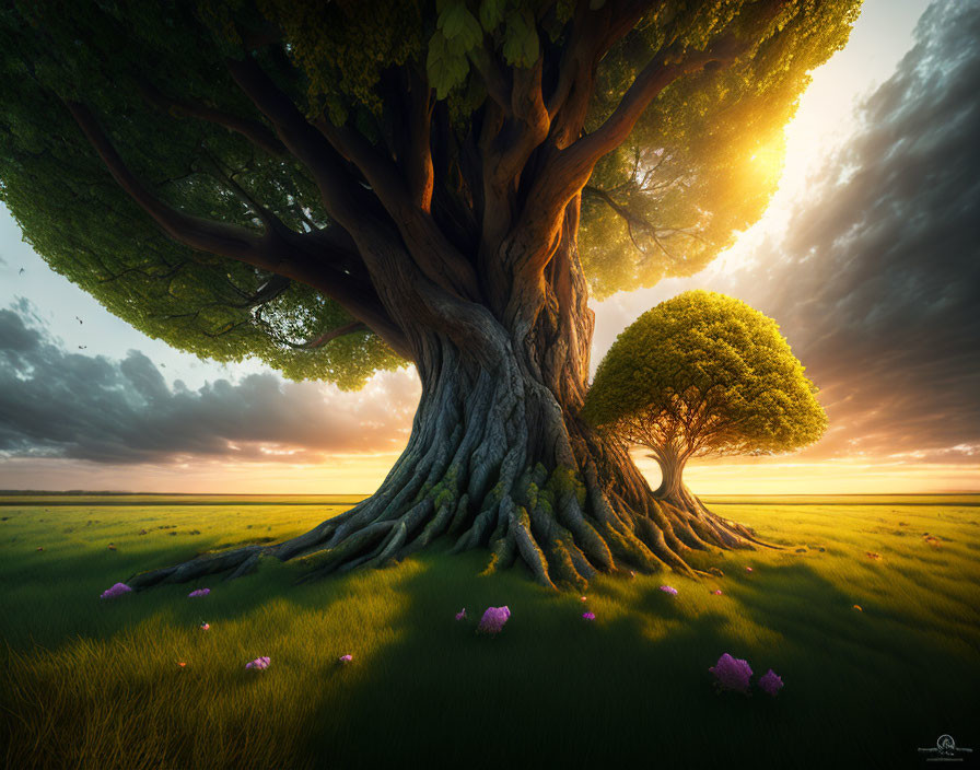 Majestic tree with sprawling roots on grassy plain at sunset