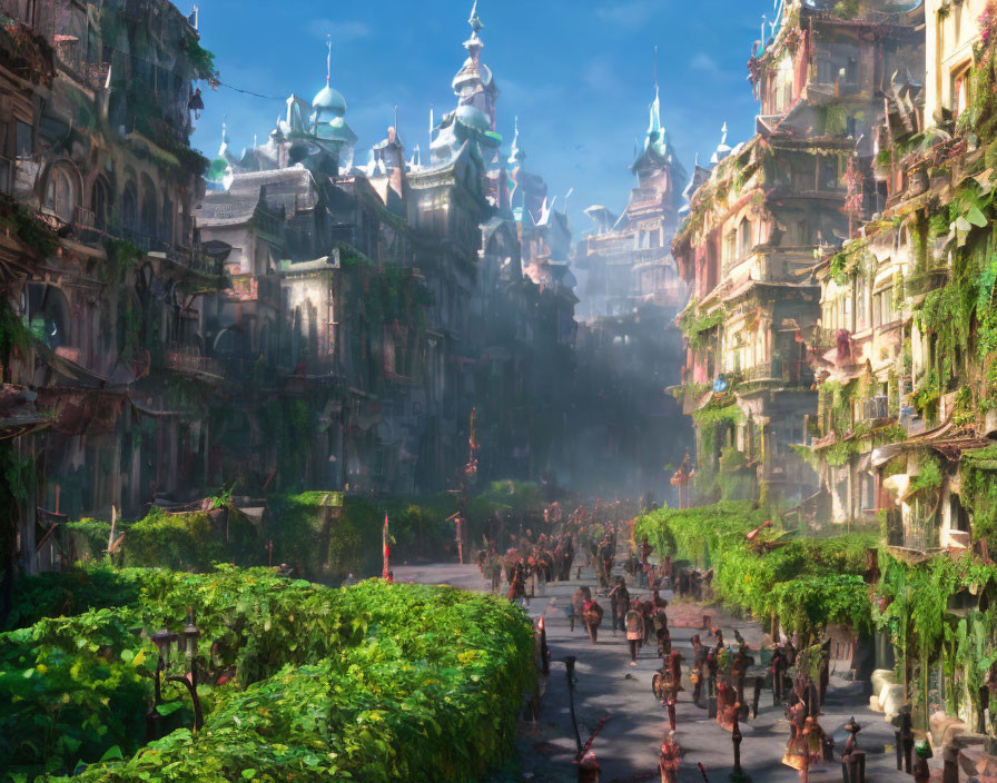 Fantastical city street with ornate buildings and greenery in hazy sunlight