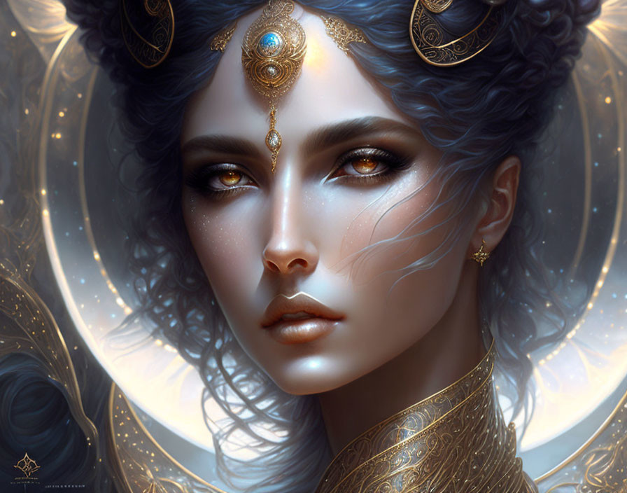 Portrait of mystical woman with pale skin, blue-gray hair, ornate golden jewelry